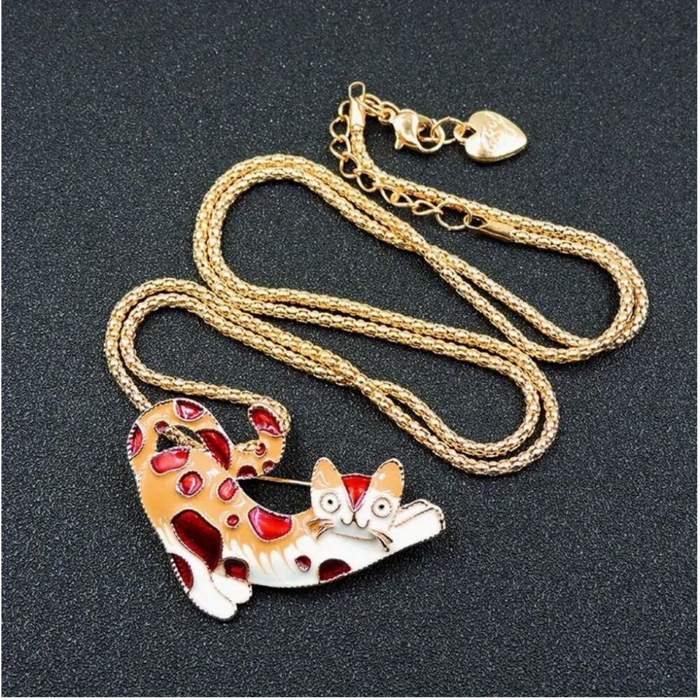 Betsey Johnson Necklace Enamel Stretching Cat Pendant Gold Tone